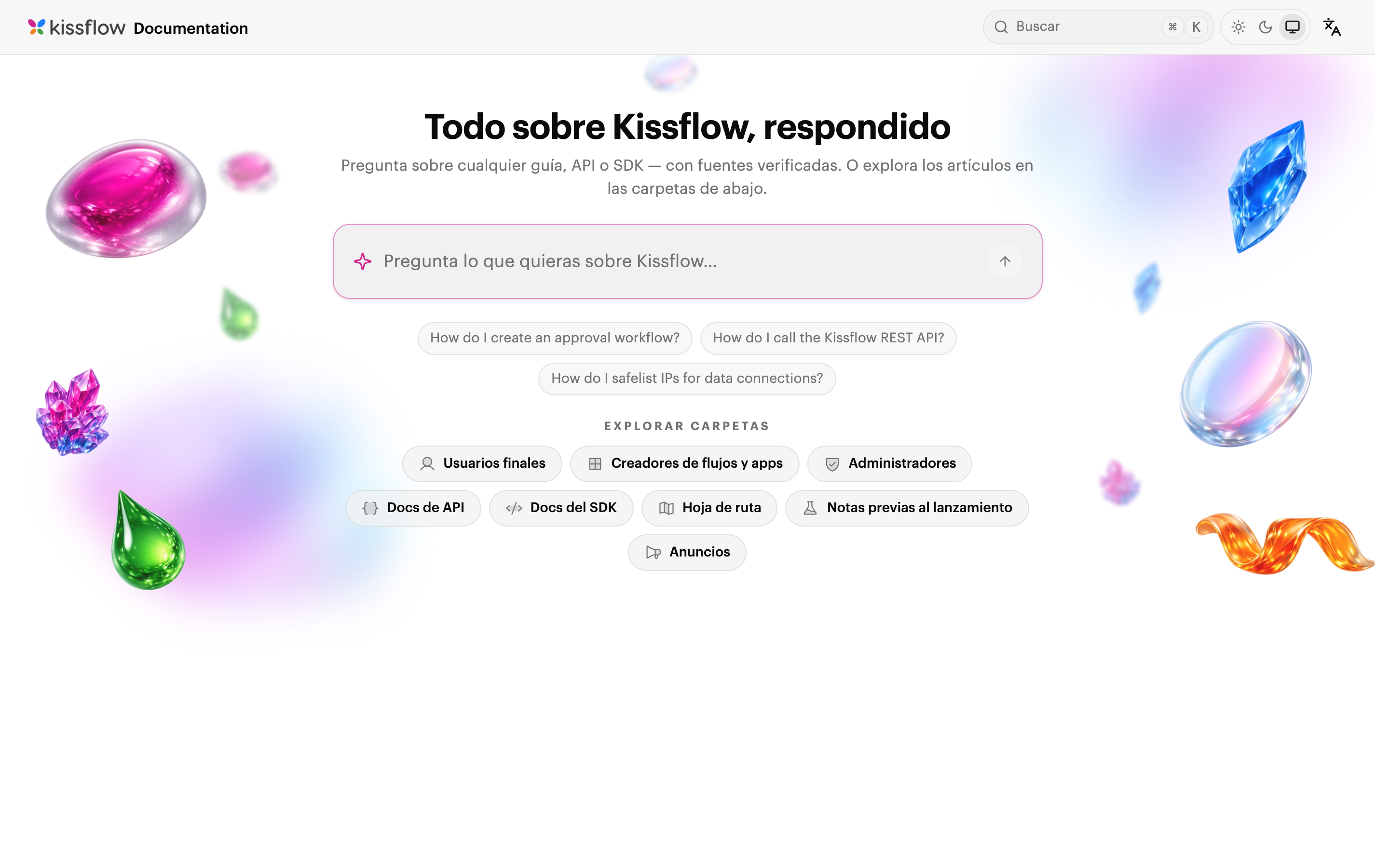 The Spanish docs home page: "Todo sobre Kissflow, respondido," with the ask-anything input reading "Pregunta lo que quieras sobre Kissflow..."