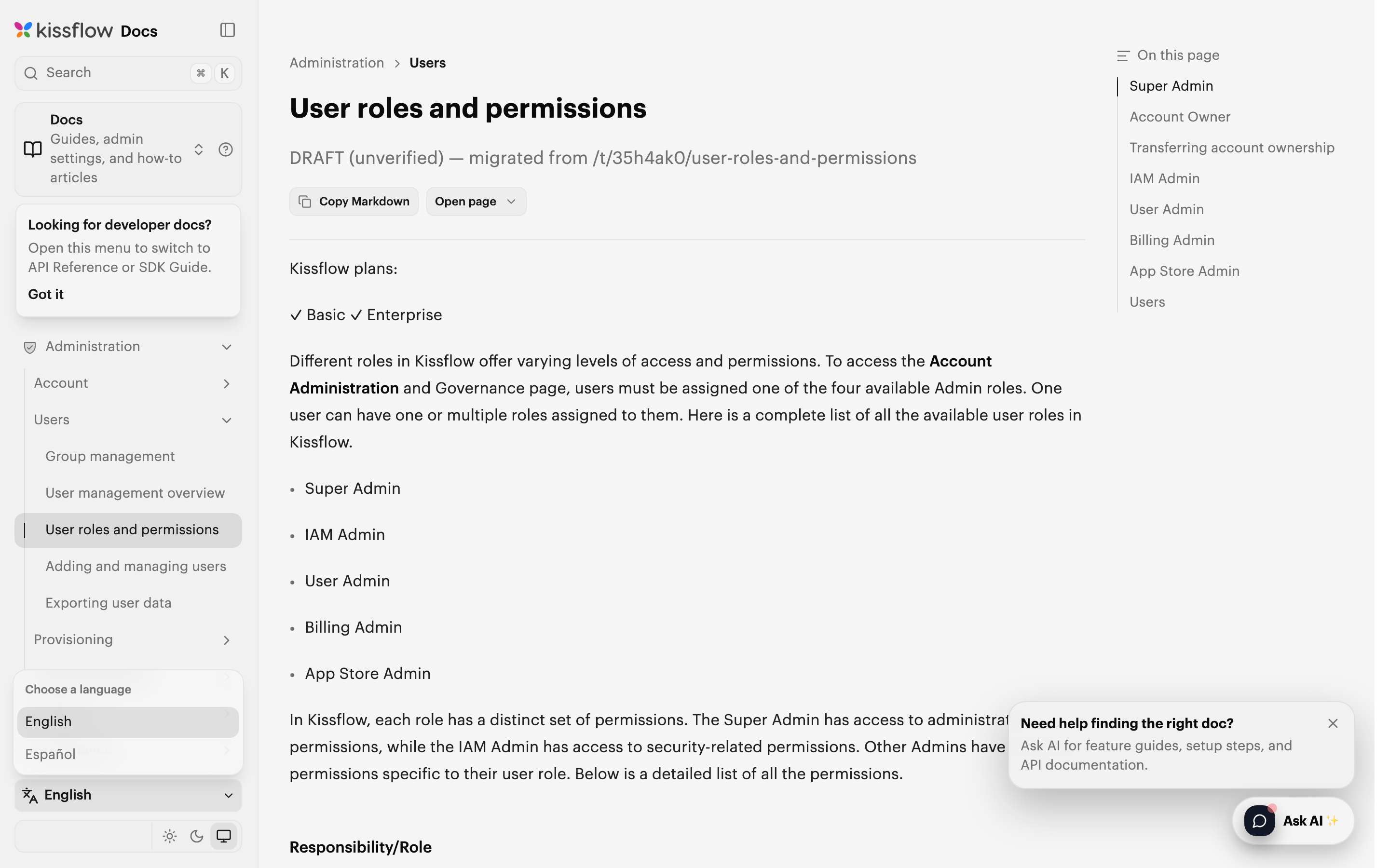 The language switcher on a docs page: a "Choose a language" menu open above the sidebar footer, offering English and Español.