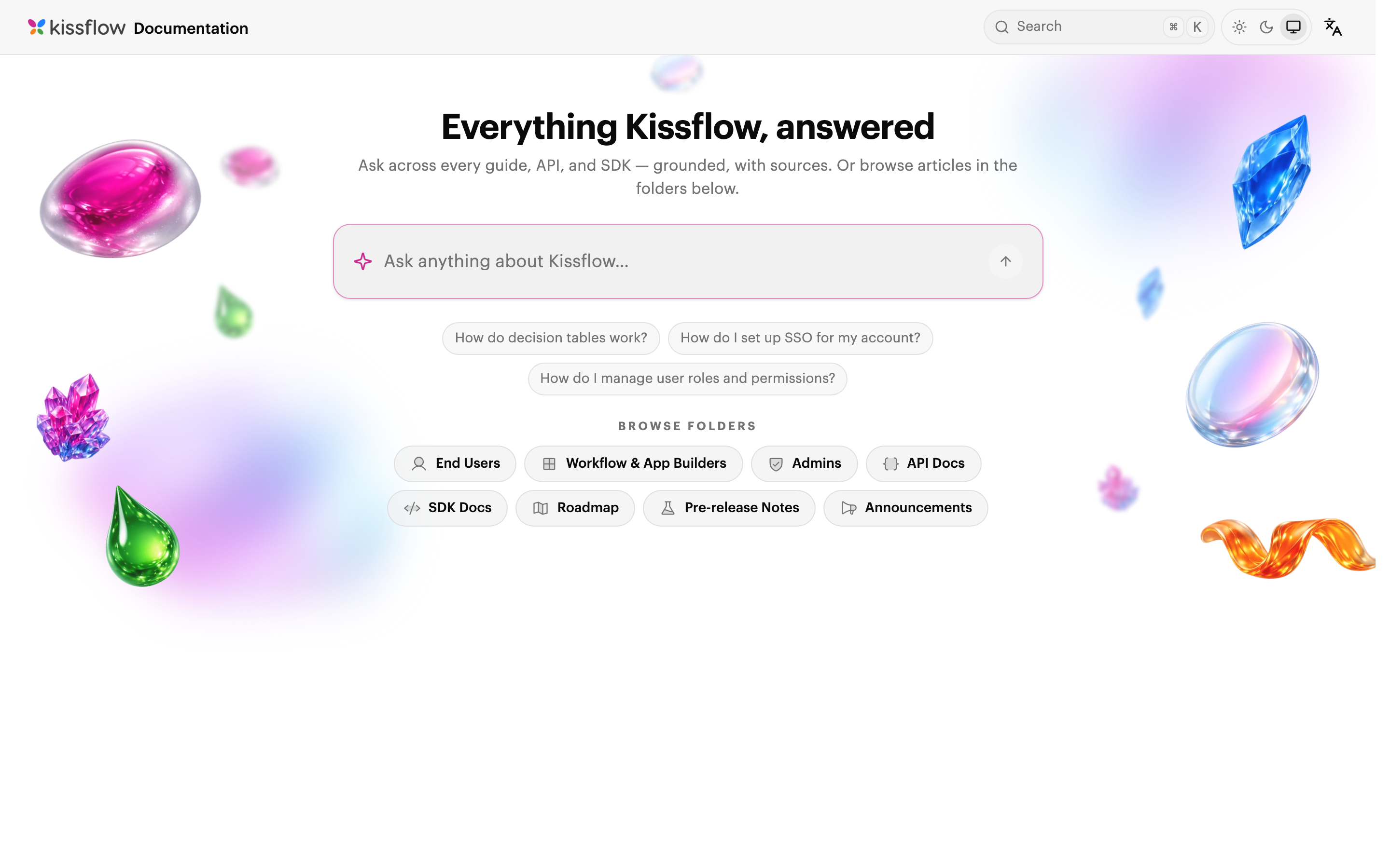 The finished homepage: "Everything Kissflow, answered" above the ask box, photoreal glass crystals floating in the margins, starter questions and role folders below, all in one fold.
