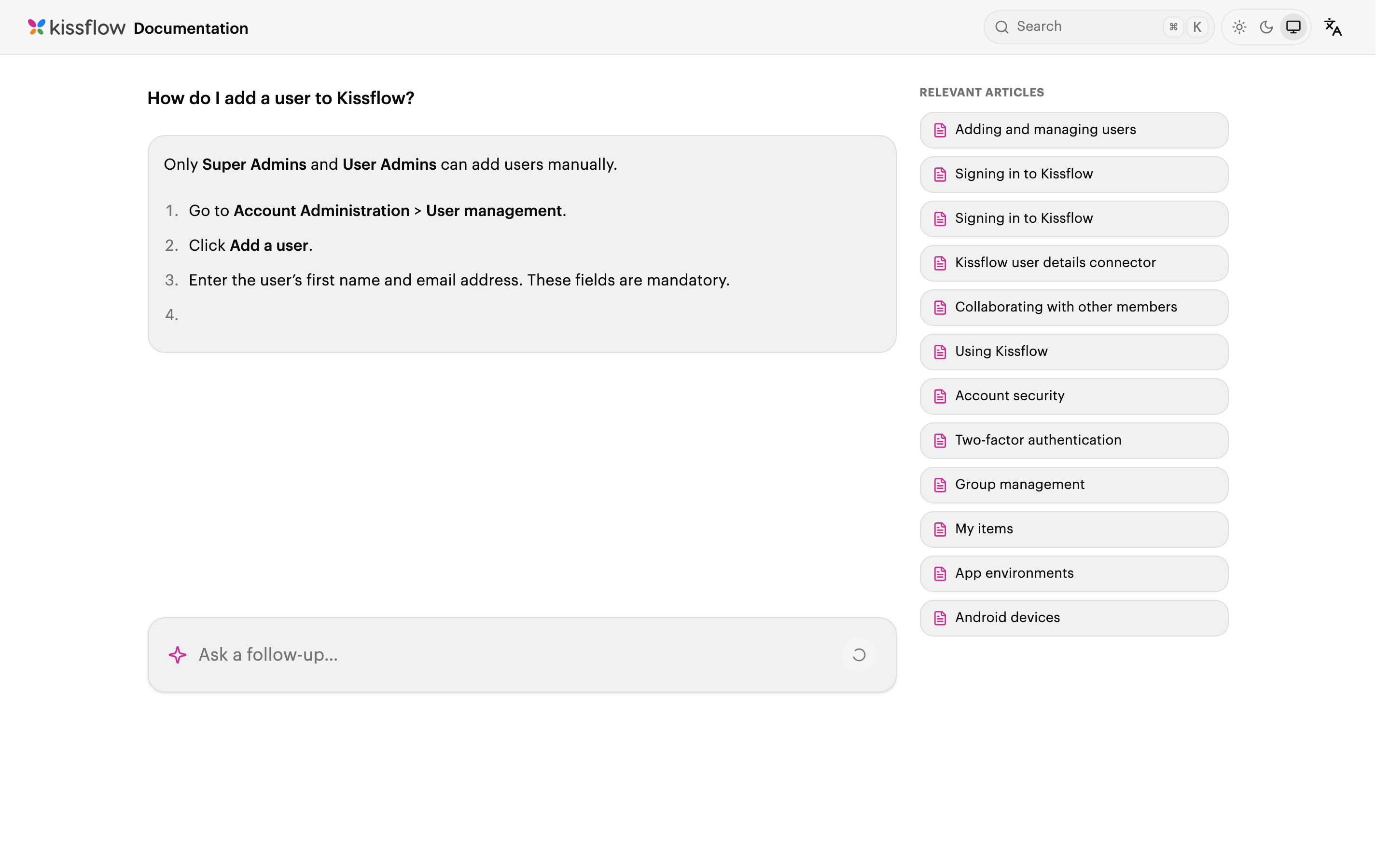 The answer mid-stream: a role rule, then numbered steps assembling one at a time, with a rail of relevant articles filling in on the right.