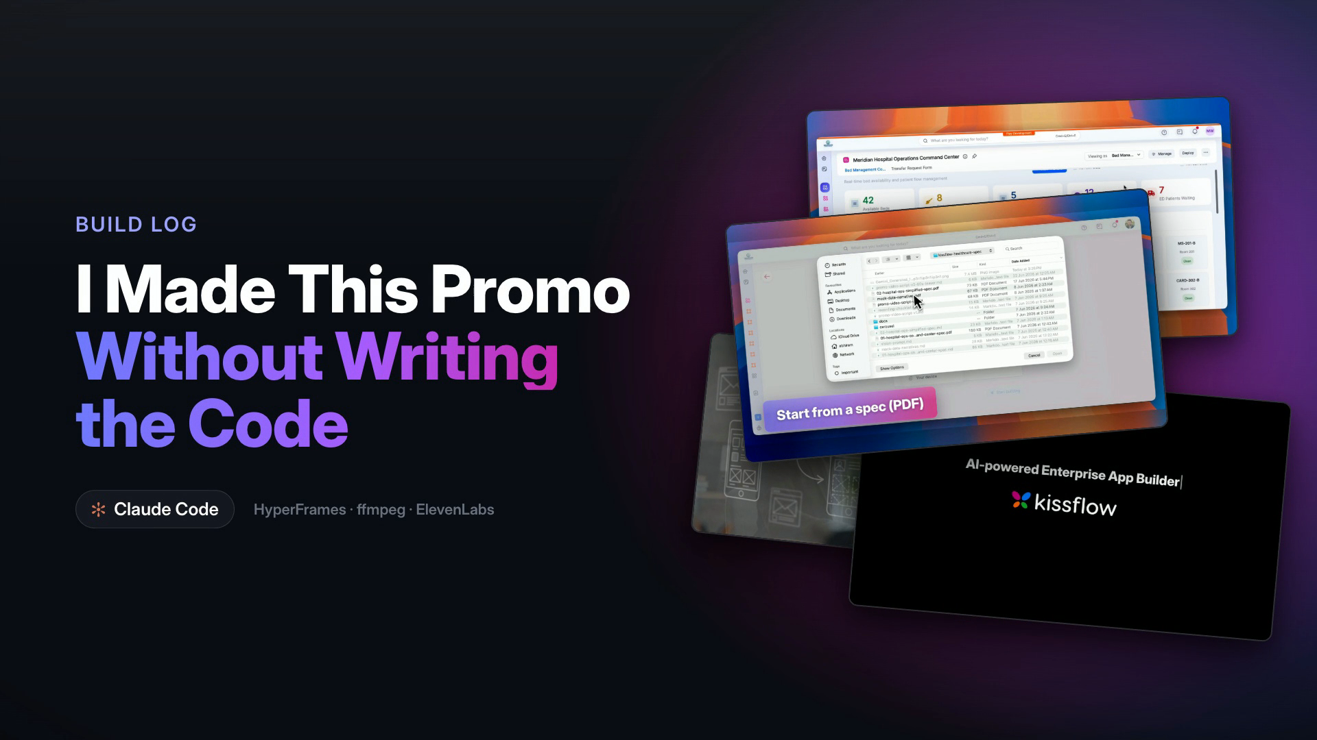 Build log banner: I Made This Promo Without Writing the Code, built with Claude Code, HyperFrames, ffmpeg, and ElevenLabs, beside a fan of the promo's screens