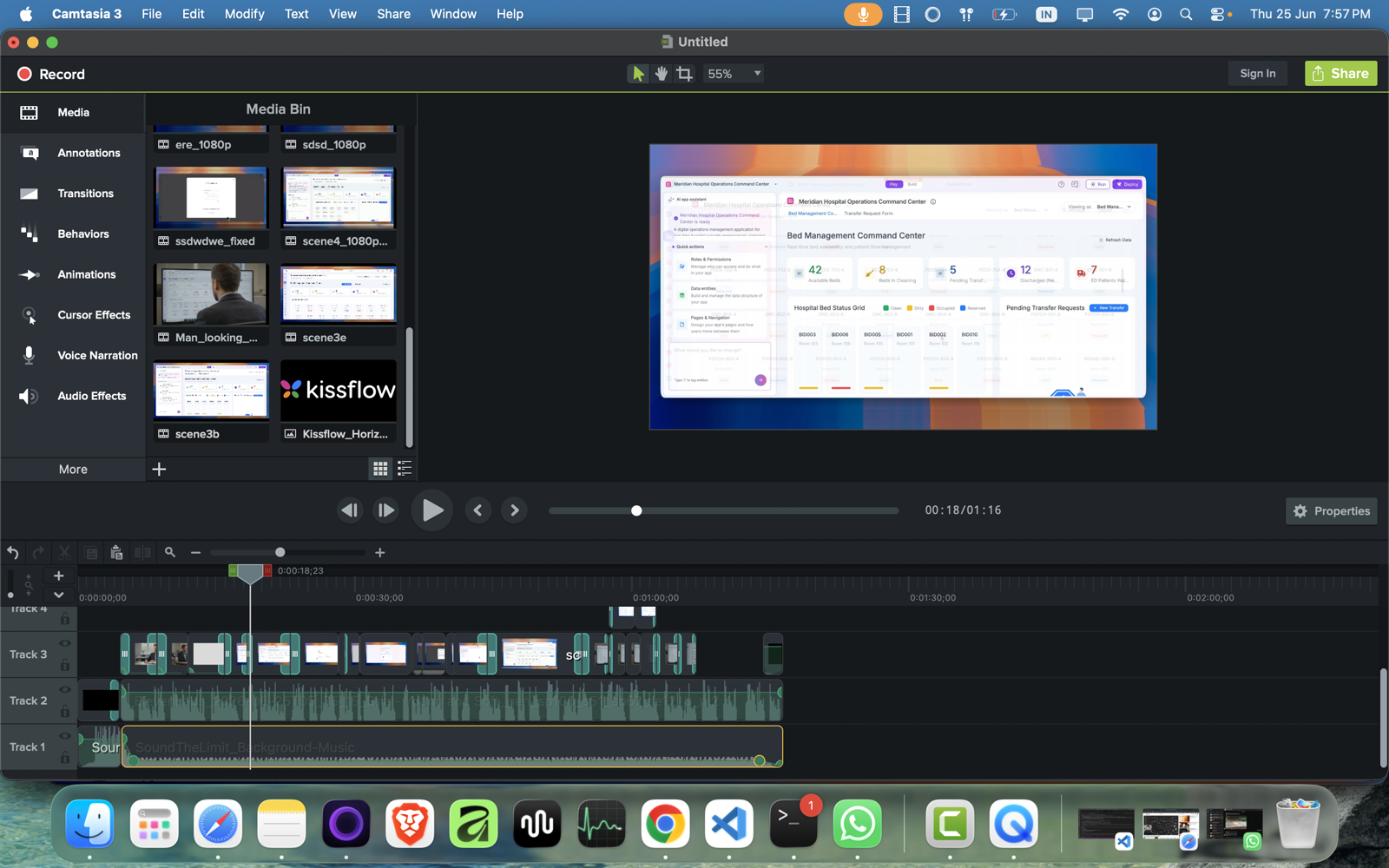 The real edit in Camtasia, clips and transitions up top, voiceover and music holding the timing below.