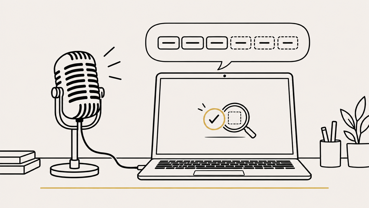 Line-art illustration of a microphone wired into a laptop, a speech bubble of words being written, and a success tick hiding an empty box