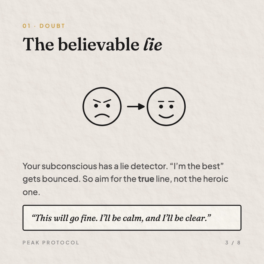 Circuit-breaker one, doubt: the believable lie. Aim for the true line, not the heroic one.