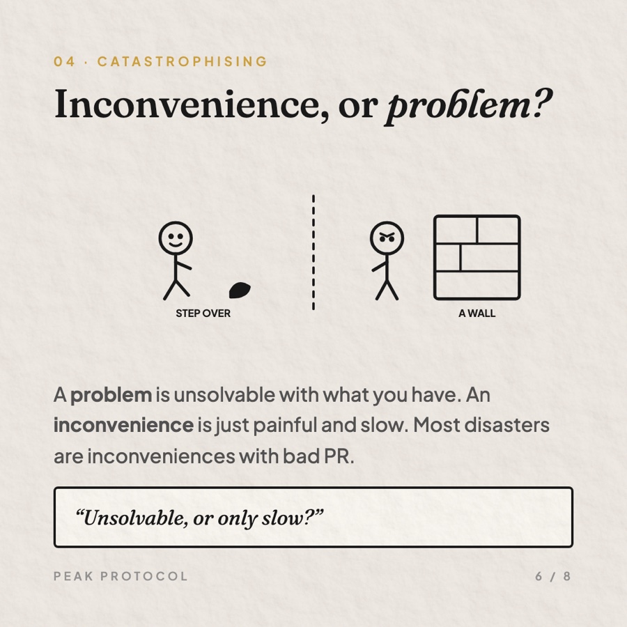 Circuit-breaker four, catastrophising: inconvenience or problem. A problem is unsolvable with what you have; an inconvenience is just painful and slow.