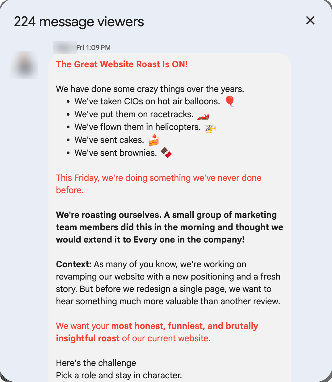 A company-chat announcement headlined The Great Website Roast Is ON, inviting everyone to roast the company's own website