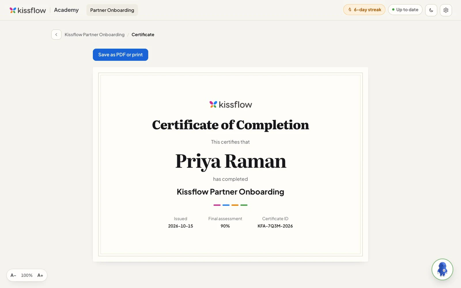 Pass every session check and the final, and the app issues the certificate.