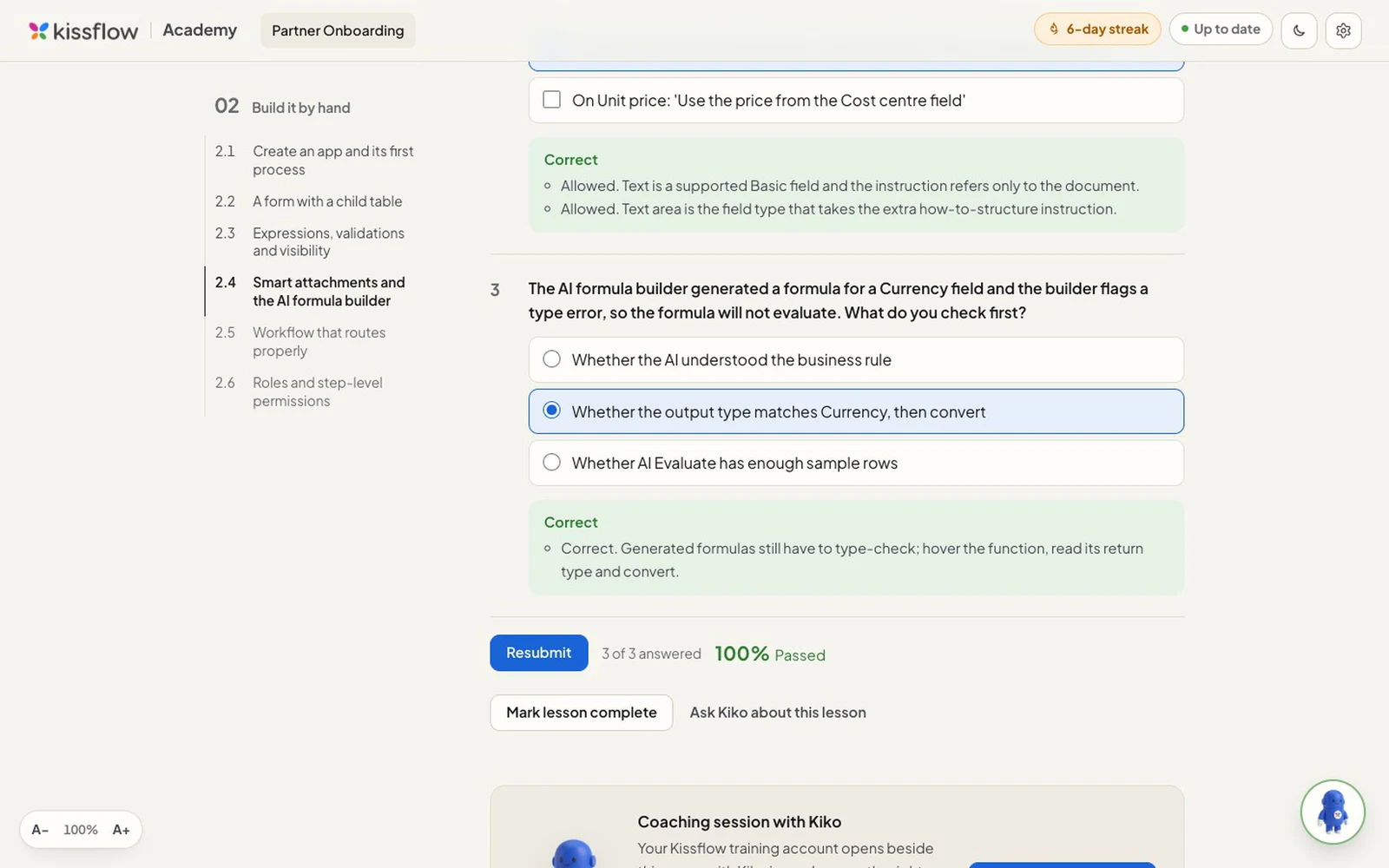 A quick check after a lesson: graded by the app, with an explanation for every answer, right or wrong.