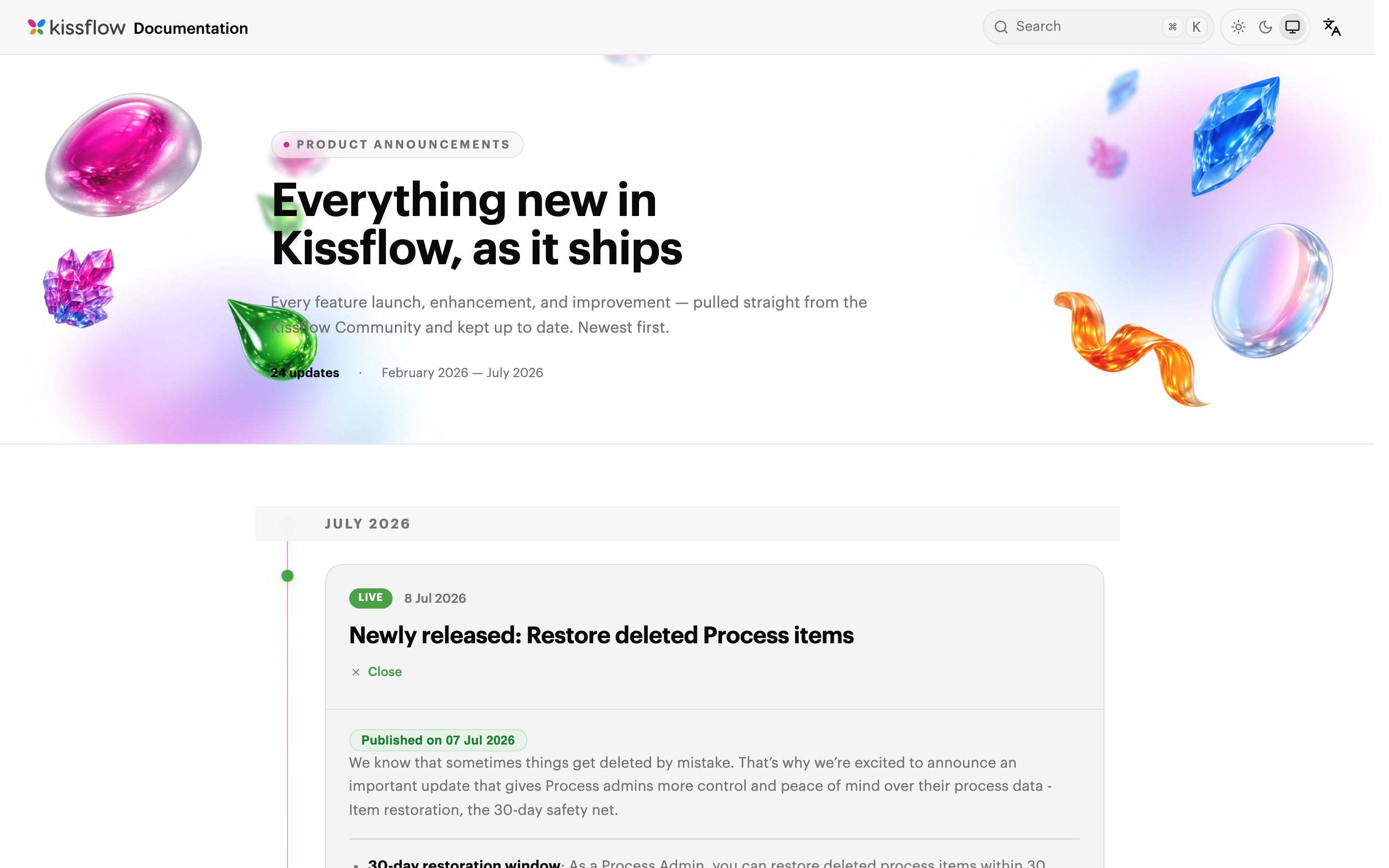 The announcements page: a timeline of dated release cards under a header reading "Everything new in Kissflow, as it ships."
