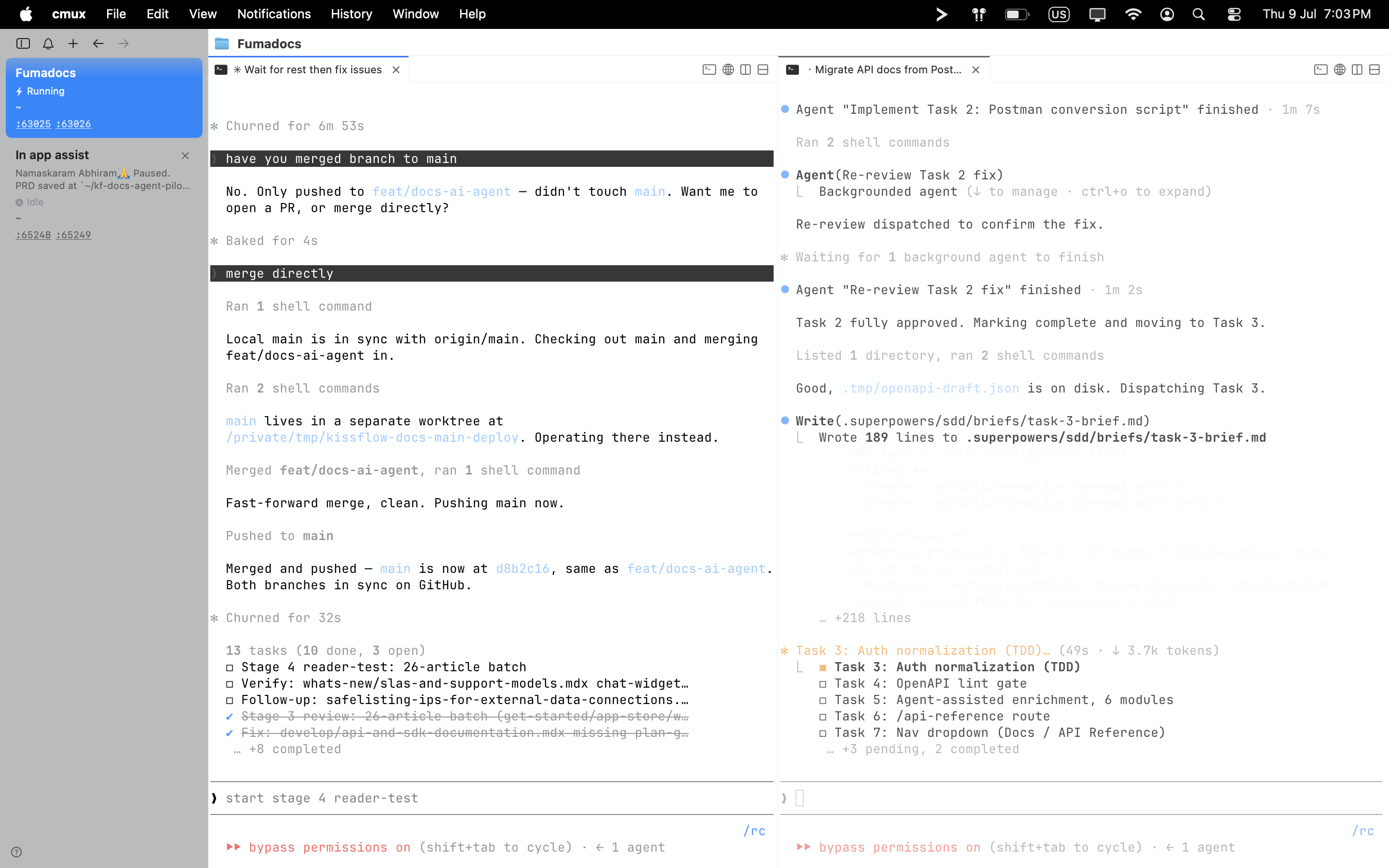 The cmux workbench: two agent sessions side by side, one merging the doc-rework branch to main, the other migrating API docs from Postman, each with its own task list and background agents.