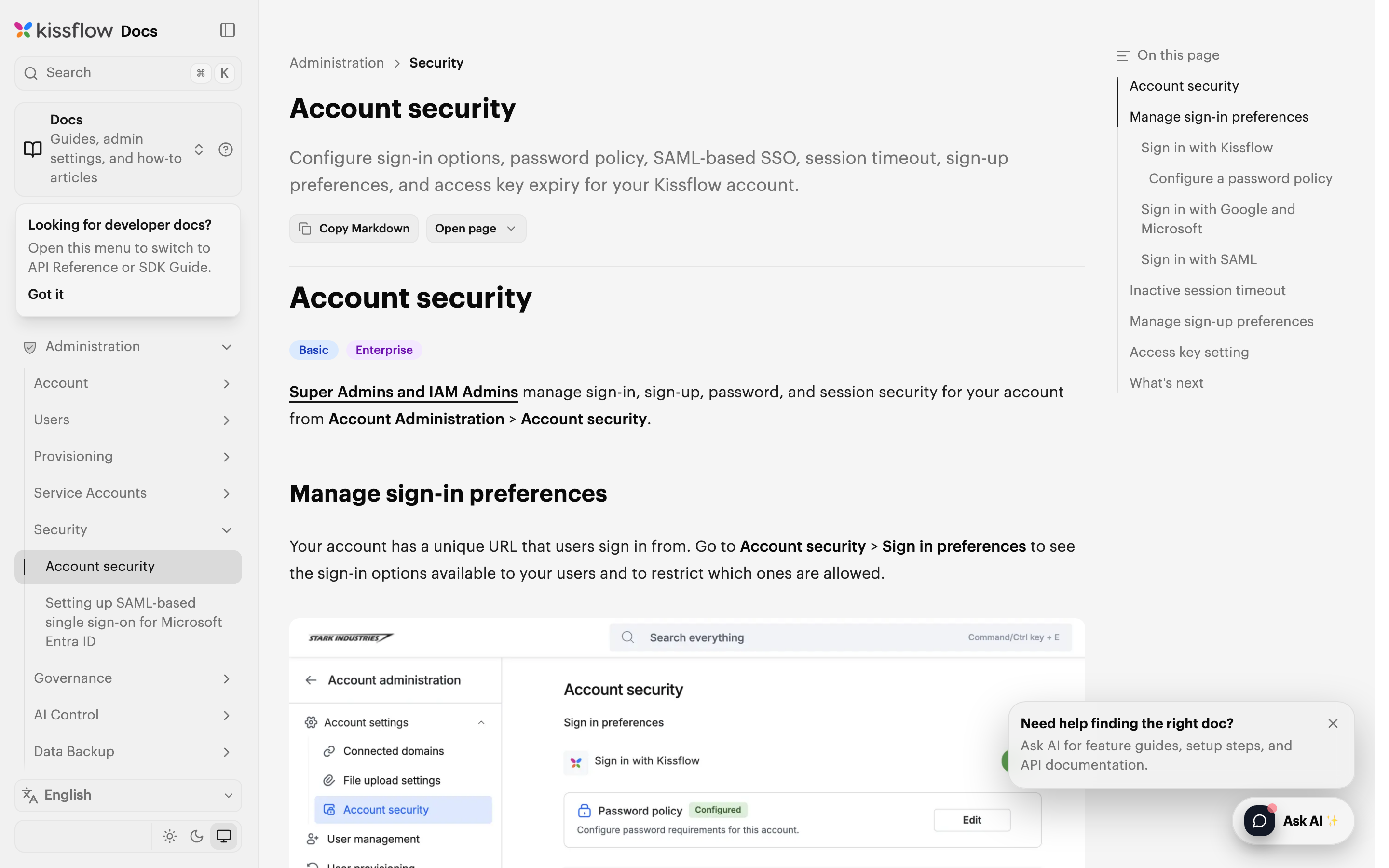 A migrated article on the new docs site: an account security guide with plan badges, a right-hand mini table of contents, and a Copy Markdown button.